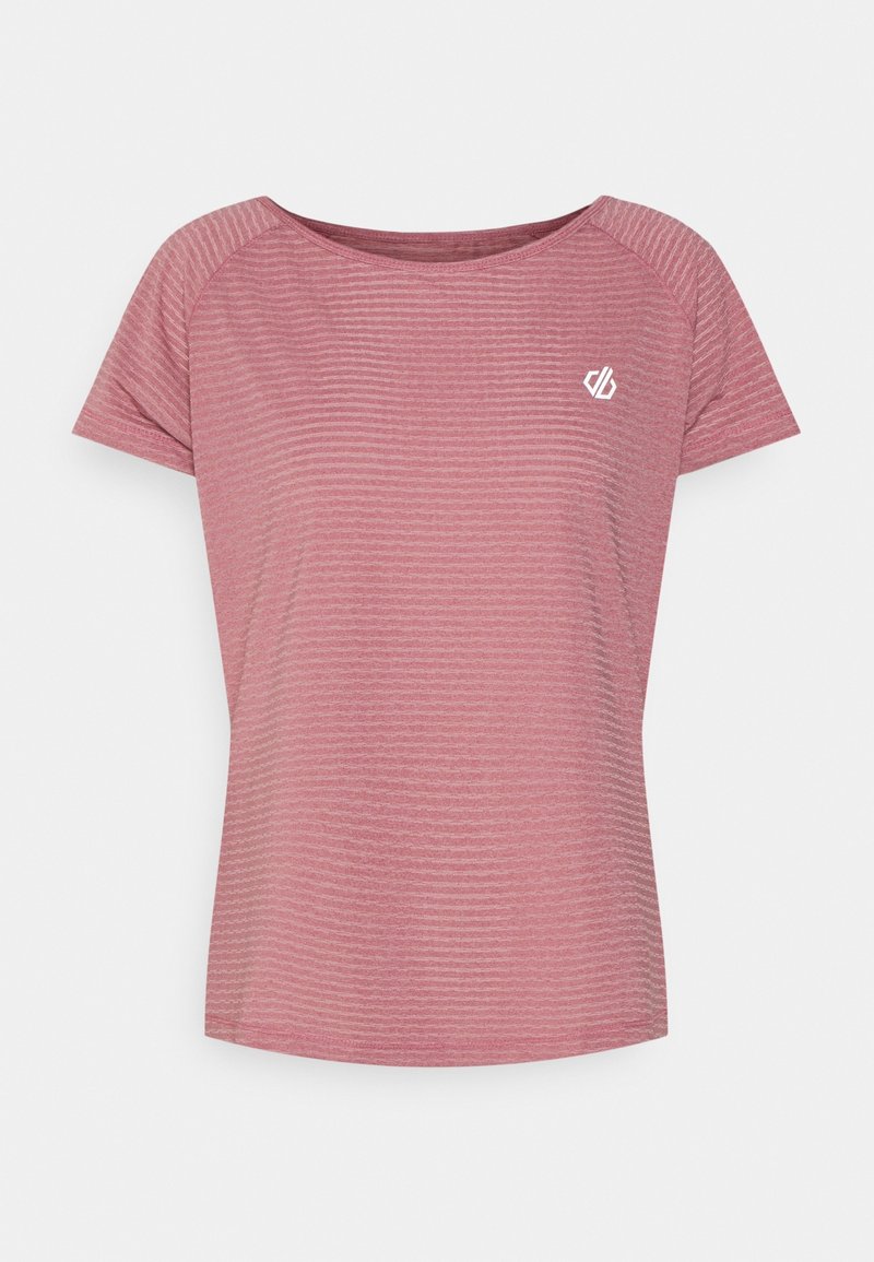 Krótki rękaw, sportowa koszulka w paski w kolorze przydymionego różu z małym białym logo na lewej stronie klatki piersiowej i okrągłym dekoltem.