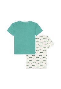 Two short-sleeve T-shirts: one green striped, the other white with green alligator pattern. Soft cotton fabric, casual fit, no visible logos.