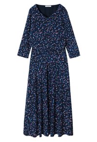 Robe navy avec un décolleté en v et des manches trois-quarts. Présente un motif tourbillonnant de formes roses et bleues. Tissu doux avec une silhouette fluide.