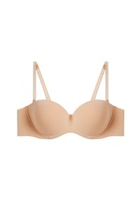 Nudefarbenes gepolstertes BH mit geformten Tassen, verstellbaren Trägern und glattem Stoff. Verfügt über ein nahtloses Design für einen minimalistischen Look.