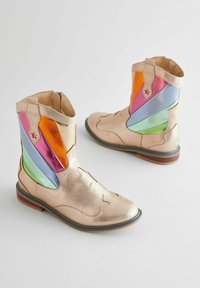 Metallilised kuldsed pahkluu saapad, millel on mitmevärvilised nahkaaktsendid oranži, roosa, sinise ja rohelise tooni. Omab külgzipperit ja kontrastset pruuni tallat.