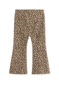 Pantalons évasés au motif léopard, avec une base beige et des taches noires, fabriqués à partir d'un tissu doux et à la texture lisse.