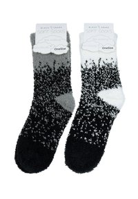 Flauschige, weiche Socken in einem schwarz-grau-weißen Farbverlauf mit einem strukturierten Muster; verpackt mit Etiketten, die "Einheitsgröße" und "Weiche Socken" angeben.
