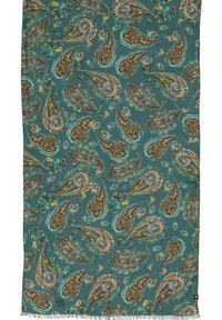 Écharpe teal avec un motif cachemire dans des tons terreux, présentant des accents floraux et un bord à franges pour une texture supplémentaire.