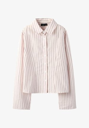 Light pink long-sleeve button-up shirt with narrow vertical gray stripes and a collared neckline.