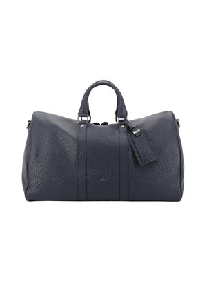 Navy leather duffle bag with textured finish, dual handles, silver hardware accents, and a detachable luggage tag. Zippered closure.