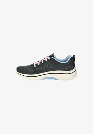 Athletic shoe with a dark gray mesh upper, pink laces, and a light blue lining. Thick white sole with a blue accent on the side.