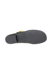 Suola di scarpa nera con grip in gomma testurizzata, dotata di un leggero tacco, forma arrotondata e dettagli del marchio in rilievo vicino al tacco.