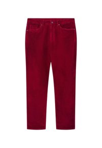 Rote Cordhosen mit geradem Bein, mit Fronttaschen und metallischen Details. Weiche Textur und sichtbares Rippenmuster.