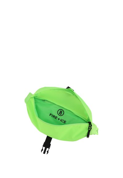 Borsa leggera verde con una texture liscia, dotata di chiusura a zip e tracolla regolabile. All'interno è presente il logo "FIRE + ICE".