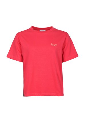 T-shirt en coton rose vif à manches courtes, col rond et petit logo blanc en script sur la poitrine gauche.