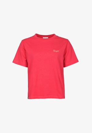 T-shirt en coton rose vif à manches courtes, col rond et petit logo blanc en script sur la poitrine gauche.