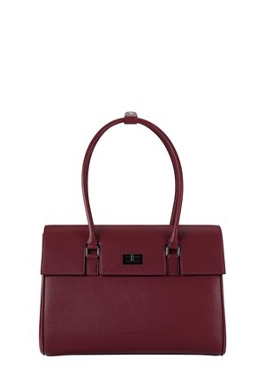 Sac à main en cuir bordeaux au design structuré, avec deux poignées supérieures, des accents métalliques et une fermeture à rabat avec un fermoir décoratif.