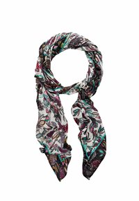 Sciarpa leggera e patterned con motivi floreali in rosa, verde acqua e nero su uno sfondo bianco. Morbida al tatto, di forma rettangolare.