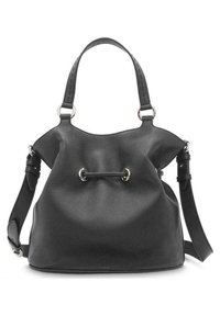 Sac seau en cuir noir avec une finition texturée, arborant un haut resserré, des accents en métal argenté, des poignées doubles et une bandoulière réglable.