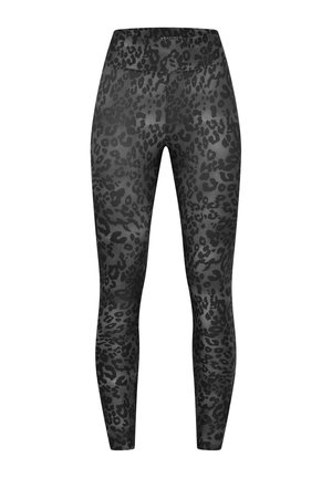 Zwarte leggings met een matte afwerking, voorzien van een subtiele luipaardprint in variërende tinten zwart en grijs. Hoog in de taille.