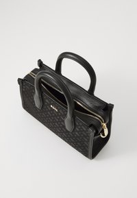 Black leather handbag with zip closure, dual handles, and embossed logo. Features a patterned exterior and gold hardware accents.