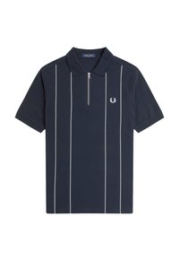Marineblauw polo shirt van katoen, met een rits aan de voorkant, witte verticale strepen, en een klein geborduurd logo op de linkerborst.