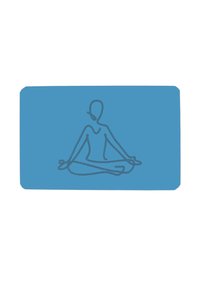 Blaues rechteckiges Kartenblatt mit einer minimalistischen Linienzeichnung einer sitzenden Figur in einer meditativen Pose, die in einem dunkleren blauen Umriss dargestellt ist.