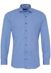 Blue long-sleeve dress shirt with button-up front and floral patterned inner collar, tailored fit, labeled Eterna Super Slim.