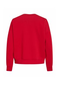 Sweat-shirt rouge à manches longues avec col rond et poignets et bas en côte, montré de dos sur fond blanc.