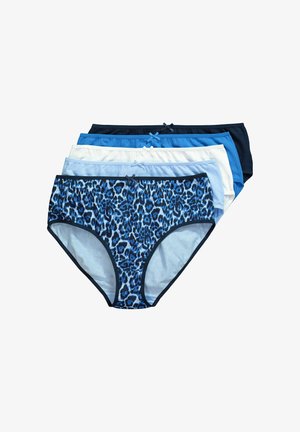 Fünf Baumwollslips für Damen in Blau mit Leopardenmuster, Hellblau, Weiß, Mittelblau und Dunkelblau, jeweils mit einer kleinen Schleife vorne.