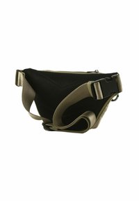 Marsupio in rete nera con cinturini e fibbia color khaki. Caratterizzato da un vano principale con zip e cintura regolabile per una vestibilità sicura.