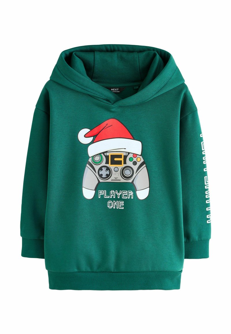 Green hoodie featuring a graphic of a game controller with a red Santa hat. Text reads "PLAYER ONE." Long sleeves and ribbed cuffs.