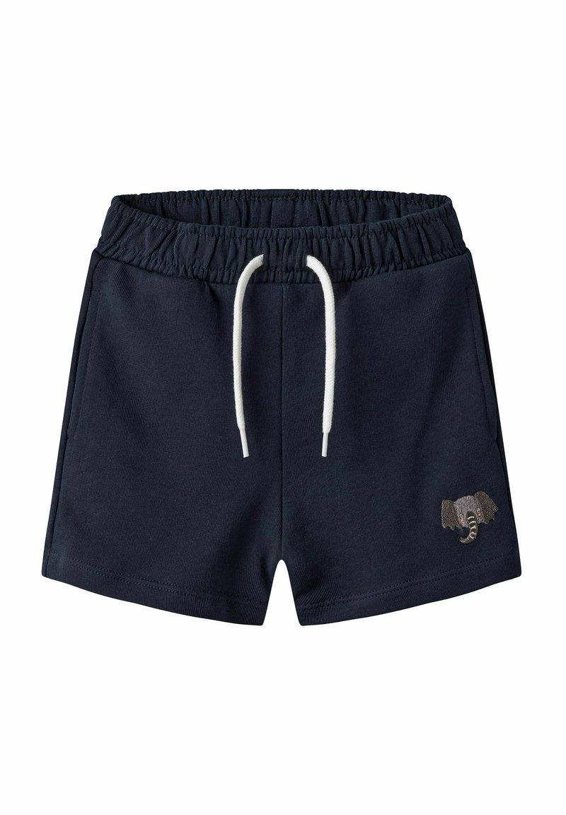 Shorts bleu marine avec une texture douce, une taille élastique, un cordon blanc et un petit motif d'éléphant brodé sur le devant.