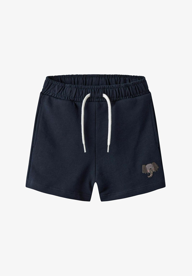 Tumši zili šorti ar mīkstu tekstūru, elastīgu jostasvietu, baltu auklu un nelielu izšūtu ziloņa dizainu priekšā.