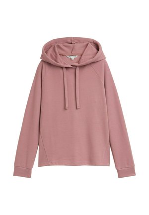 Lila Langarm-Hoodie mit Kordelzügen, gerippten Bündchen und lässiger Passform, flach auf einem weißen Hintergrund ausgelegt.