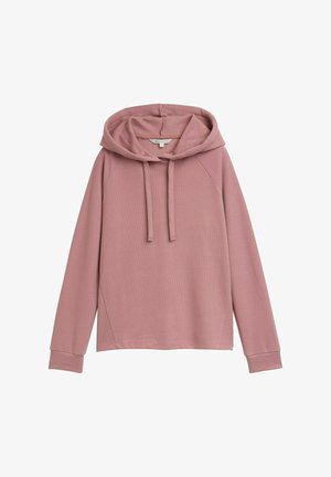 Mauve hoodie med lange ærmer, snørrebånd, ribbede manchetter og afslappet pasform, lagt fladt på en hvid baggrund.