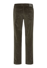 Olijfgroene corduroy broek met een rechte snit, voorzien van een gladde textuur, twee achterzakken en een logo-label op de tailleband.