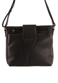 Zwarte leren crossbodytas met voorflapsluiting, ritszak en verstelbare schouderriem. Geïnktstempeld "Venezia" logo op de flap.