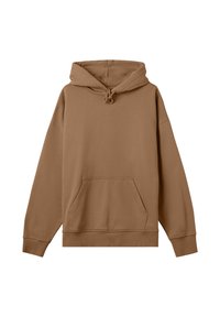 Felpa con cappuccio marrone realizzata in morbido misto cotone. Dotata di tasca frontale, cordoncino sul collo e polsini e orlo a costine.