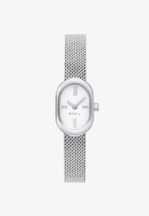 Montre Breil avec un bracelet en maille argentée, un boîtier ovale en acier inoxydable, un cadran blanc et des index en chiffres romains. Présence d'une aiguille des secondes et du logo.