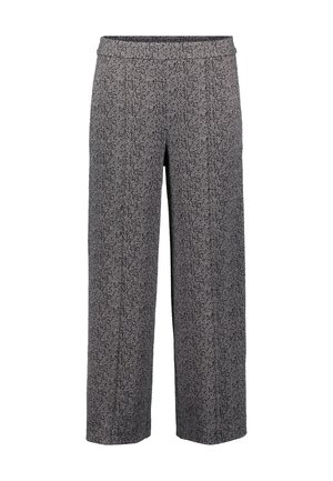 Pantalons larges gris avec un subtil motif en chevrons et une taille élastique, présentés sur un fond blanc.