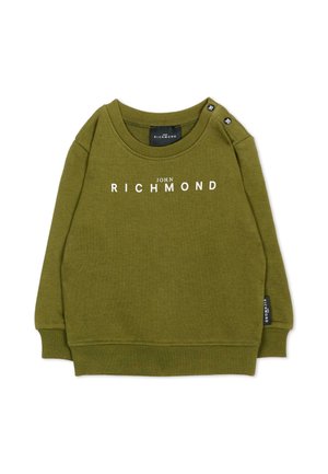Oliwkowa bluza z długim rękawem z tekstem "John Richmond" z przodu, okrągły dekolt, ściągacze i napy na lewym ramieniu.