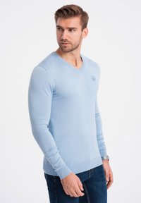 Hellblauer V-Ausschnitt-Pullover aus weichem Stoff. Hat lange Ärmel und einen gerippten Saum, mit einem dezenten Logo auf der Brust.