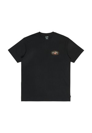 Black cotton t-shirt with short sleeves and a crew neck. Features a colorful embroidered logo on the left chest. Simple, unadorned design.