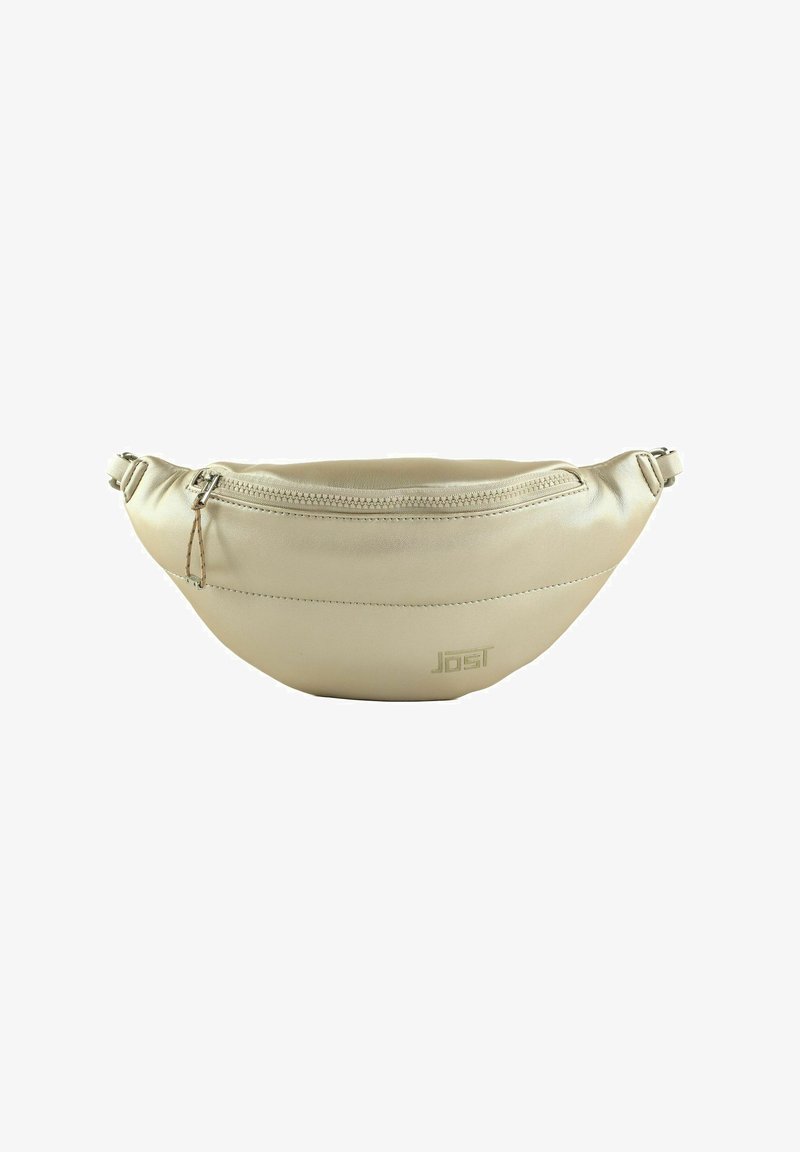 Sac banane en cuir beige avec fermeture éclair avant et bretelles réglables, arborant un logo de marque discret en bas à droite.