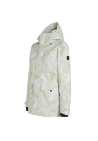 Light green patterned jacket with a hood, front zipper, two large front pockets, and black hardware accents. Water-resistant material with textured finish.