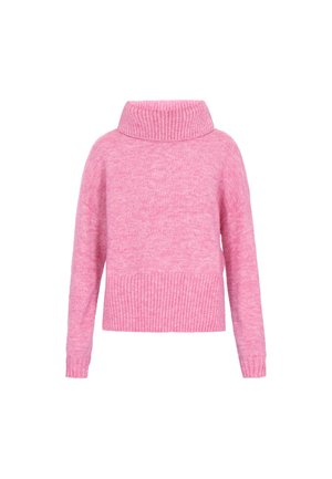 Rozā pufīgs adīts džemperis ar augstu ribotu apkakli, široku ribotu apakšmalu un garām piedurknēm. Mīksta tekstūra ar nedaudz brīvu piegriezumu.