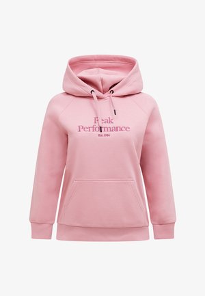 Sweat à capuche rose en tissu doux. Comprend une grande poche avant, des cordons de serrage et "Peak Performance" brodé en rose foncé.