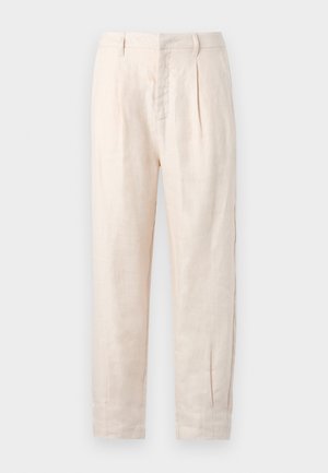 Gai pelēku linu bikses ar taisnu griezumu, kurām ir divas priekšējās krokas, sānu kabatas un nedaudz teksturēta virsma.