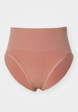 Vysoké nohavičky z mäkkého materiálu v svetloružovej farbe. Obsahujú bezšvové okraje a hladkú textúru bez viditeľného hardvéru.