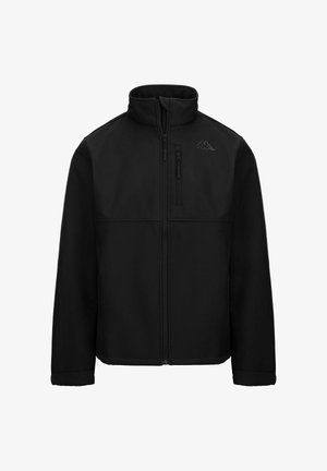 Giacca softshell nera con colletto alto, tasca sul petto con zip e logo tonale. Presenta una texture liscia e un design strutturato.