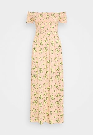 Rosa schulterfreies Maxikleid mit kurzen Ärmeln und kleinem gelb-grünem Blumenmuster.