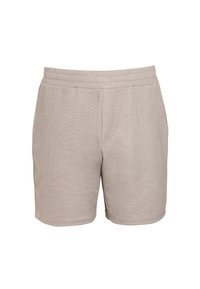 Svijetlobež svijetla teksturirana platnena kratka hlača s elastičnim pojasom i bočnim džepovima, prikazane sprijeda na bijeloj pozadini.