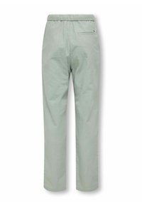 Hellgrüne Baumwollhose mit lockerem Schnitt, elastischem Bund und einer einzelnen Gesäßtasche. Glatte Textur und gerade Beine.